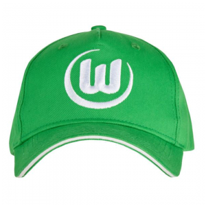 Das Bild zeigt eine Abbildung eines VfL Wolfsburg Caps in grün mit aufgesticktem Logo in weiß.