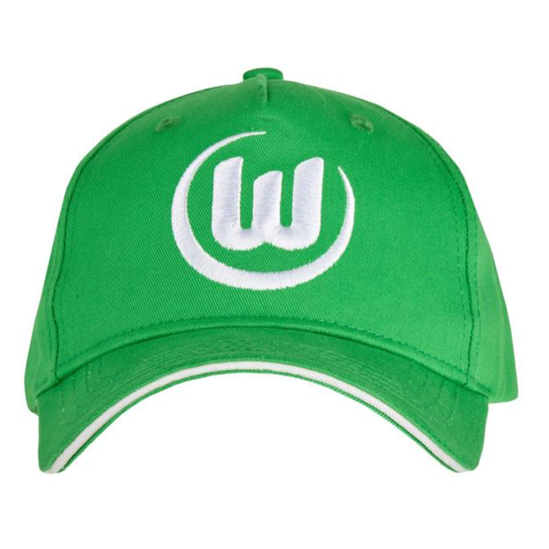 Das Bild zeigt eine Abbildung eines VfL Wolfsburg Caps in grün mit aufgesticktem Logo in weiß.