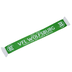 Das Bild zeigt den grün-weißen Fanschal "Tradition" des VfL Wolfsburg.
