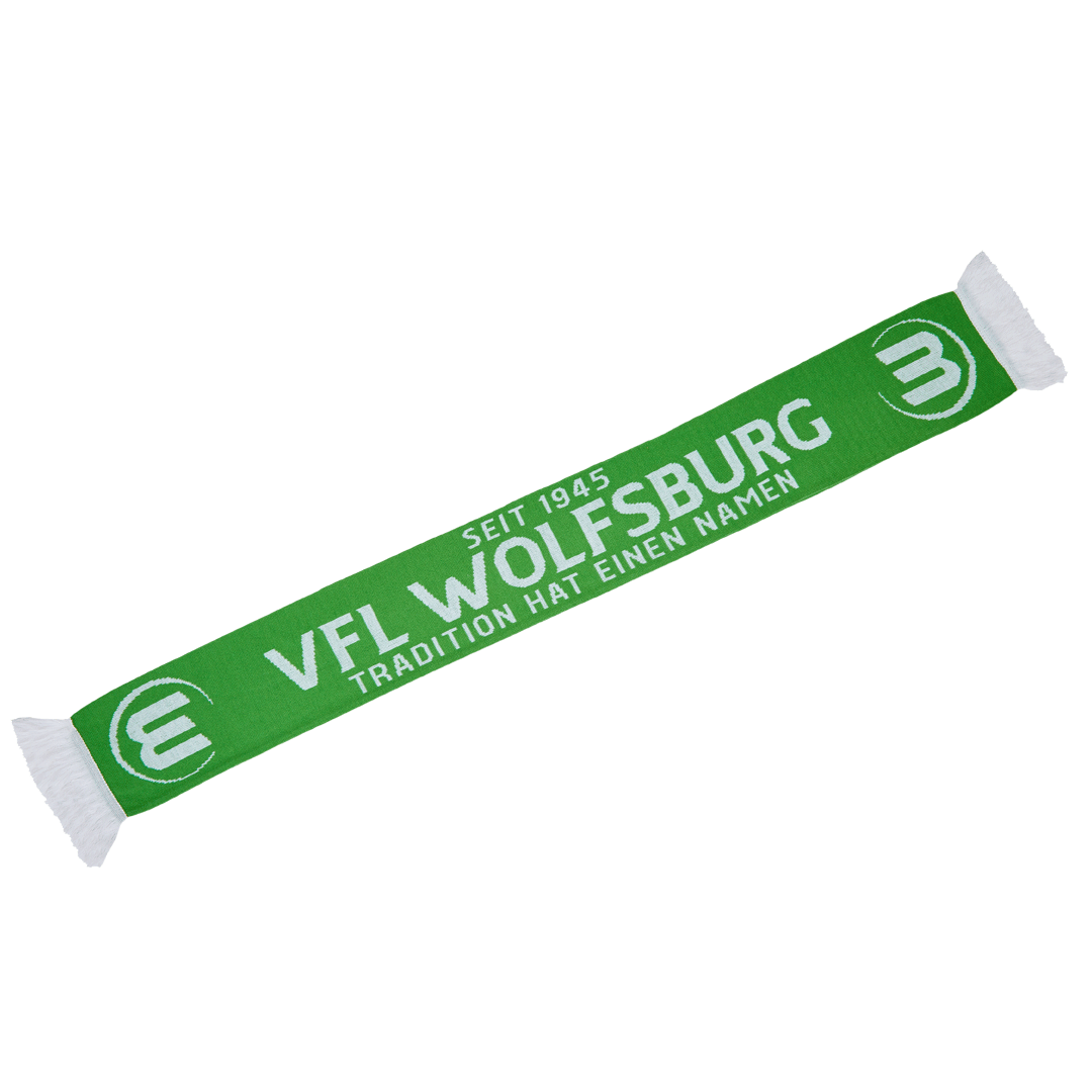Das Bild zeigt den grün-weißen Fanschal "Tradition" des VfL Wolfsburg.