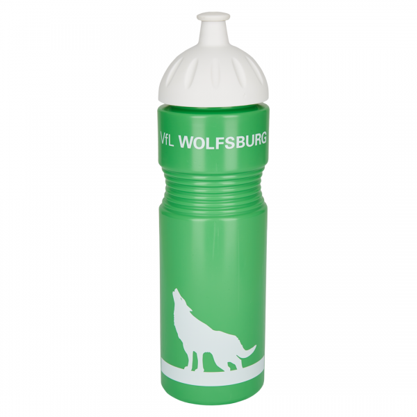 Das Foto zeigt eine Kunststoff-Trinkflasche vom VfL Wolfsburg in grün.