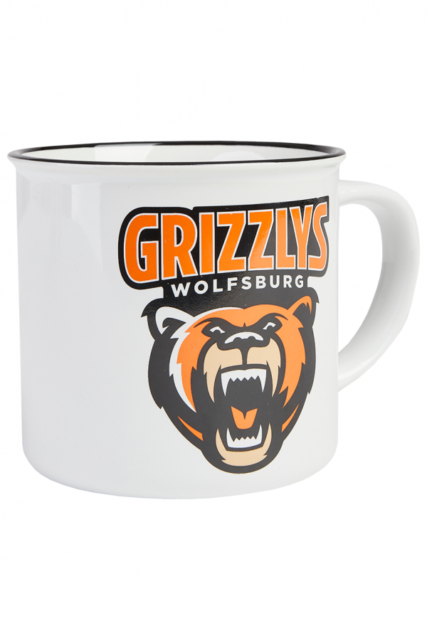 Das Foto zeigt eine weiße Tasse der Grizzlys Wolfsburg mit Logo-Aufdruck.