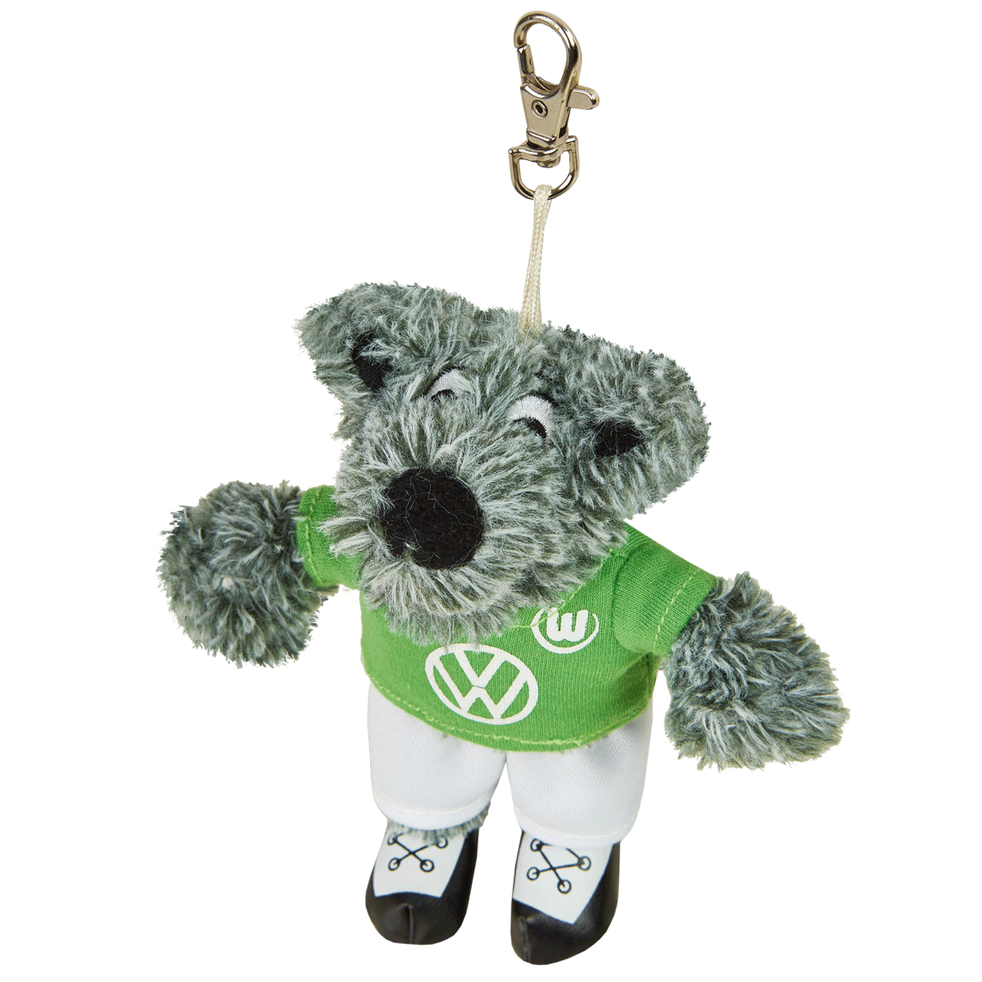 Das Bild zeigt den Plüsch-Schlüsselanhänger Wölfi vom VfL Wolfsburg.