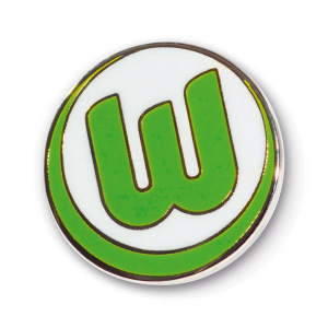 Das Bild zeigt einen Ansteckpin mit dem Logo des VfL Wolfsburg