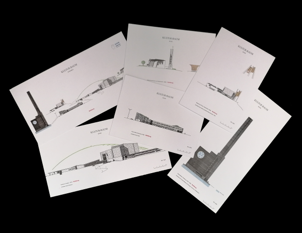 Das Bild zeigt ein 6er-Postkarten-Set der Reihe Kultur-Raum Ikonen mit Zeichnungen architektonischer Ikonen in Wolfsburg.