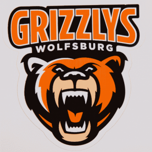 Das Bild zeigt einen circa 5 Zentimeter großen Aufkleber mit Logo der Grizzlys Wolfsburg.