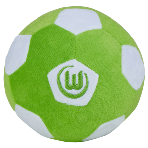 Das Foto zeigt einen grün-weißen Plüschball des VfL Wolfsburg.