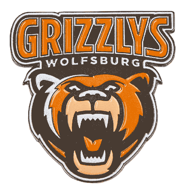 Das Bild zeigt einen Magneten der Grizzlys Wolfsburg in Form des Logos mit Grizzly-Kopf.