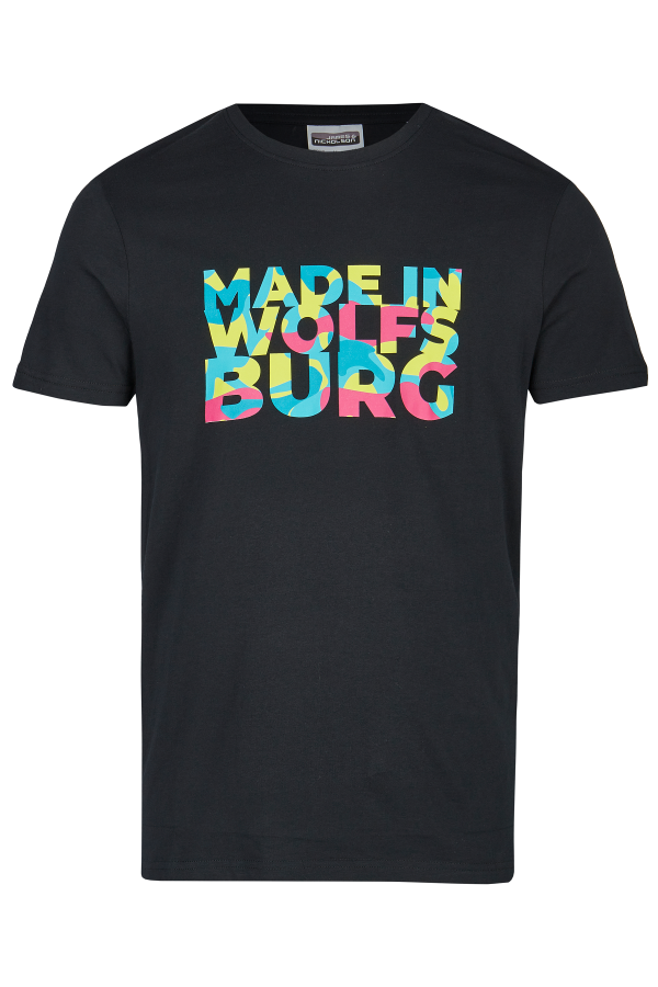 T-Shirt mit dem Schriftzug Made in Wolfsburg. Coloriert mit drei Farben im Camouflage-Look