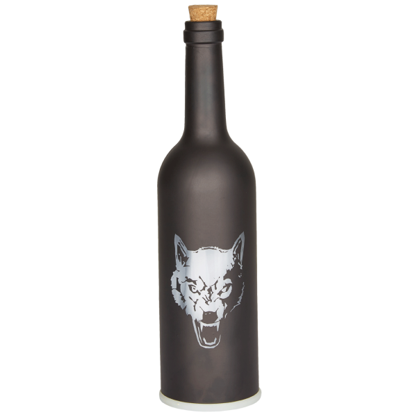 Das Bild zeigt eine schwarze Dekorations-Flasche mit Wolfskopf..