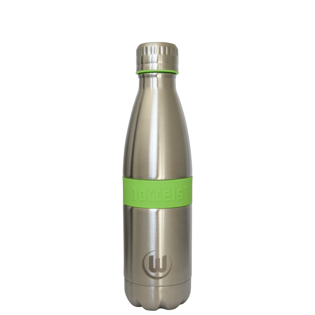 Das Bild zeigt eine Edelstahl-Trinkflasche mit VfL-Wolfsburg-Logo.