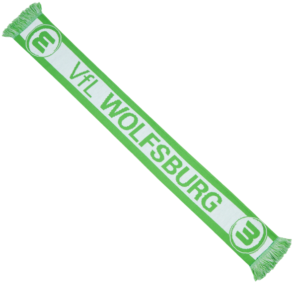 Das Bild zeigt einen klassischen Fanschal vom VfL Wolfsburg in grün mit aufgesticktem Logo.