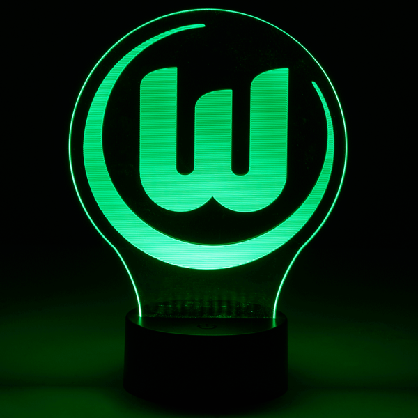 Das Foto zeigt eine LED Lampe aus Acryl mit VfL Wolfsburg Logo.