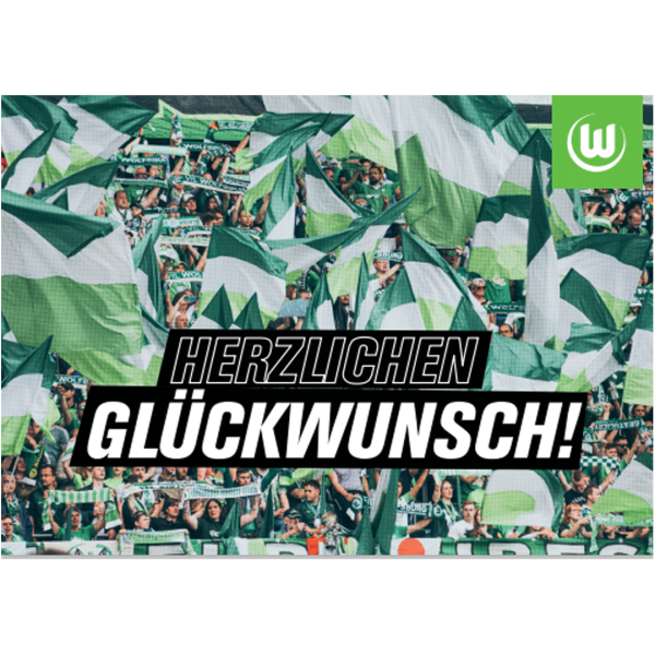 Das Foto zeigt eine Postkarte vom VfL Wolfsburg mit dem Schriftzug "Herzlichen Glückwunsch".