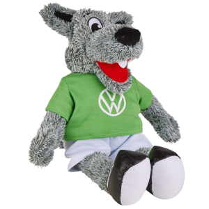 Das Foto zeigt das Maskottchen Wölfi vom VfL Wolfsburg als Plüschtier.