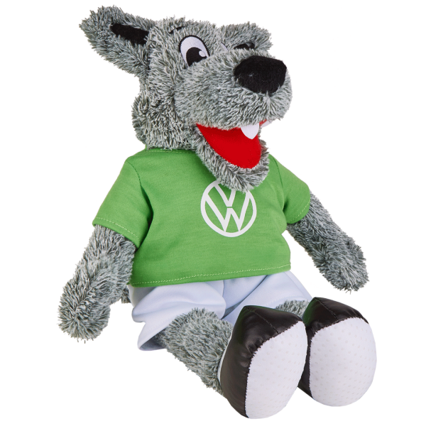 Das Foto zeigt das Maskottchen Wölfi vom VfL Wolfsburg als Plüschtier.