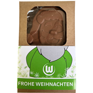Das Foto zeigt einen Schokoladenweihnachtsmann vom VfL Wolfsburg.