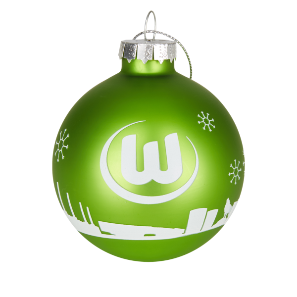 Das Bild zeigt ein 4er-Set aus Weihnachtskugeln vom VfL Wolfsburg.