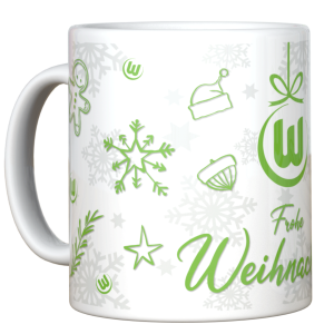 Das Foto zeigt eine weiße Tasse mit grünen Weihnachtsmotiven vom VfL Wolfsburg.