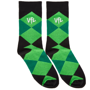 Das Foto zeigt Busines-Socken vom VfL Wolfsburg mit grün-schwarzem Karomuster.