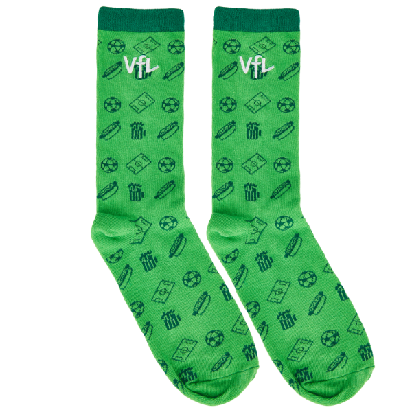 Das Foto zeigt Socken vom VfL Wolfsburg in grün mit Allover-Print.