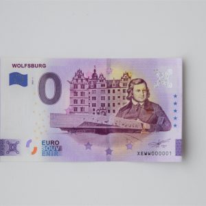 Das Foto zeigt einen Null-Euro-Souvenirschein in der Wolfsburg-Edition.
