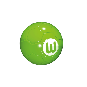 Das Foto zeigt einen kleinen Ball vom VfL Wolfsburg in grün mit weißem Logo.