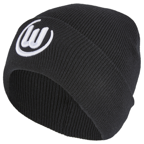 Das Foto zeigt eine schwarze Strickmütze mit weißem VfL Wolfsburg Logo.