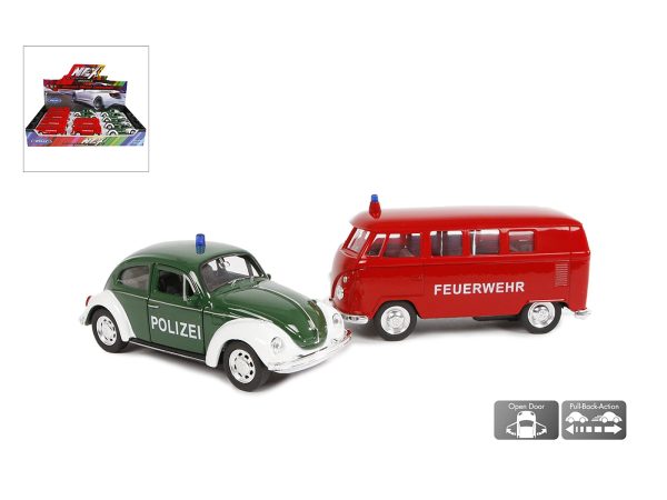 Das Bild zeigt zwei Spielzeugautos von Volkswagen in den Ausführungen Polizei-Käfer und Feuerwehr-Bulli.