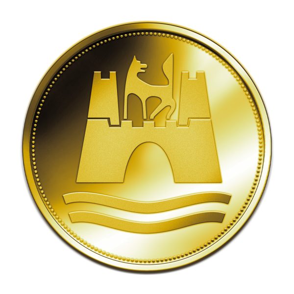 Das Foto zeigt eine Goldmünze zum 85. Stadtgeburtstag Wolfsburgs.