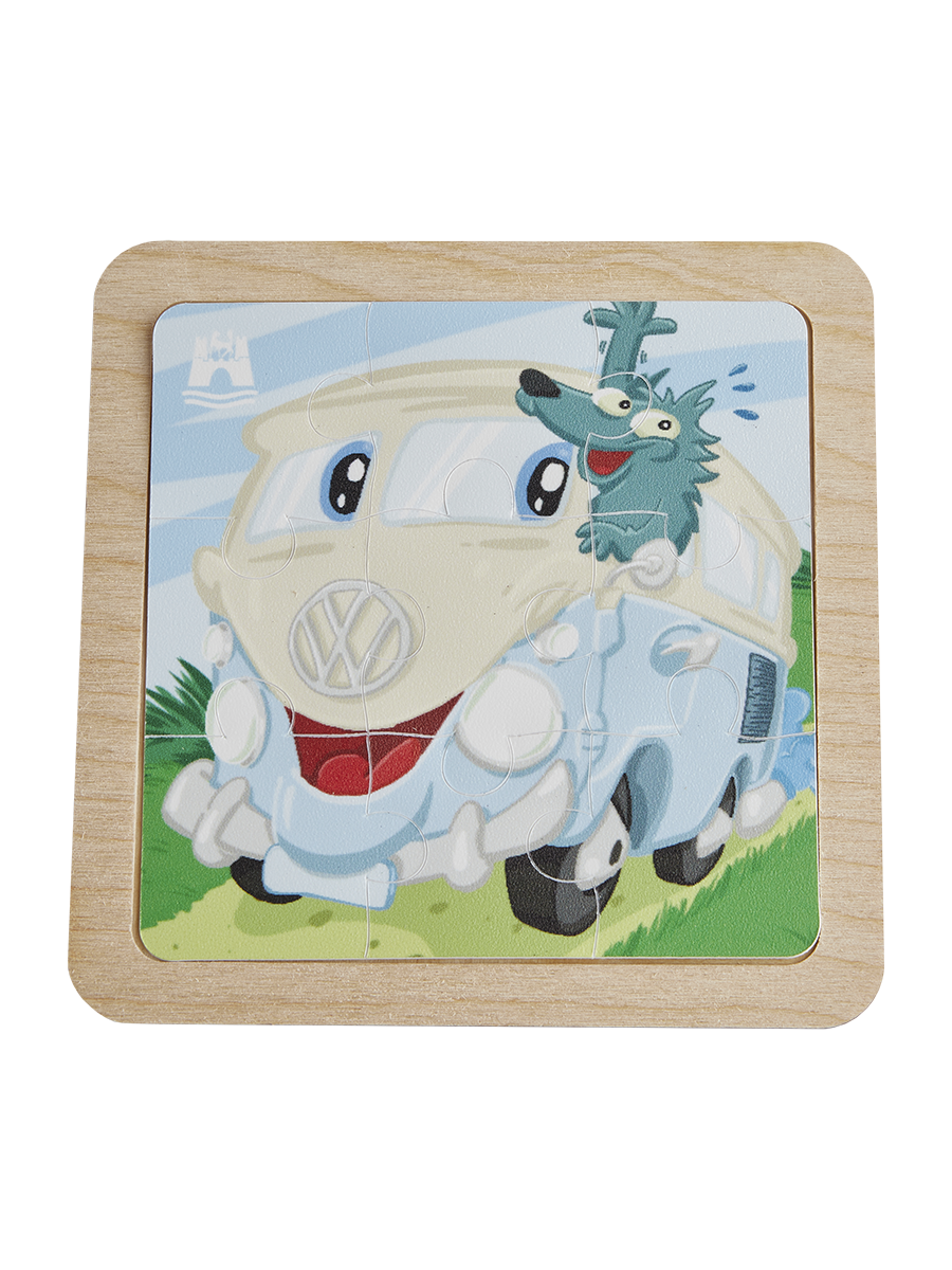 Das Foto zeigt ein Kinder-Puzzle mit einem kindgerechten Motiv mit Bulli und Wolf.
